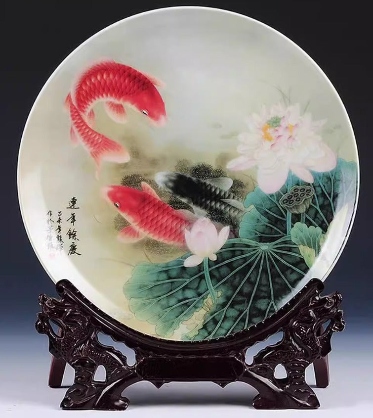 Jingdezhen Ceramic Plate with soft fish and flower design