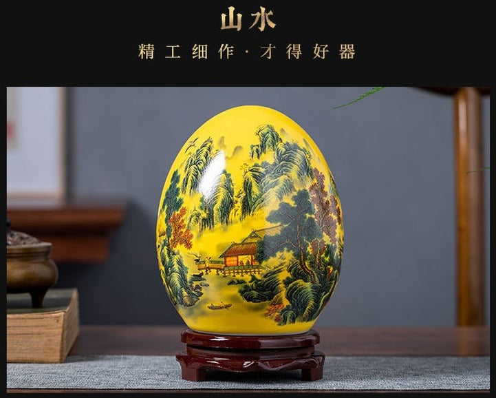 Jingdezhen ceramic egg with yellow and blue designs