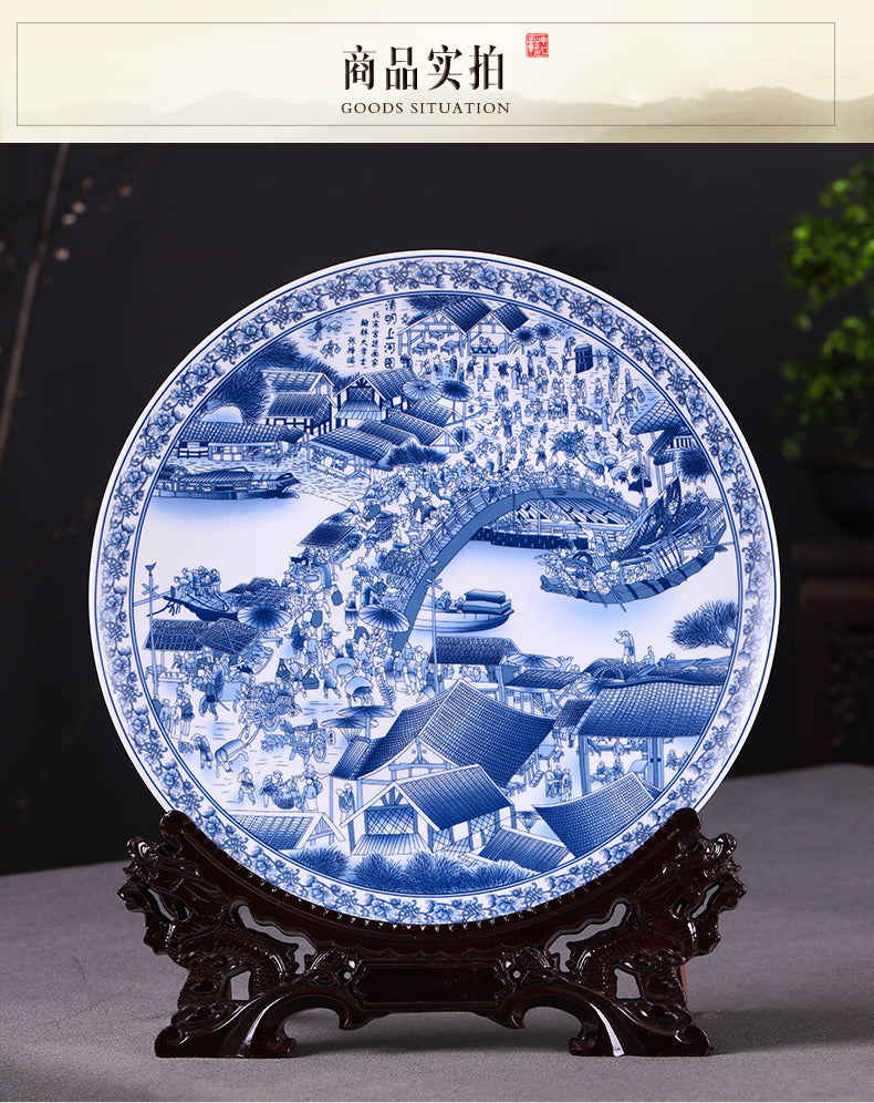 Jingdezhen Ceramic plate with blue riverside cottage design