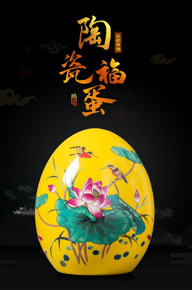 Jingdezhen ceramic egg with yellow and blue designs