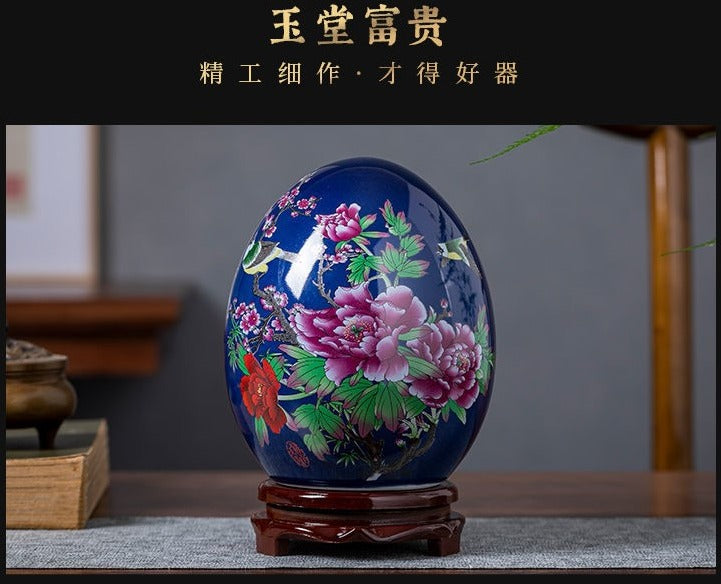 Jingdezhen ceramic egg with yellow and blue designs