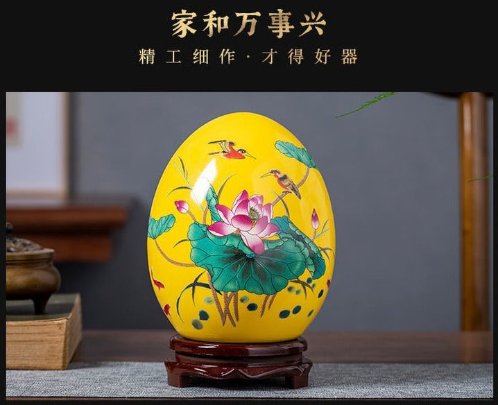 Jingdezhen ceramic egg with yellow and blue designs