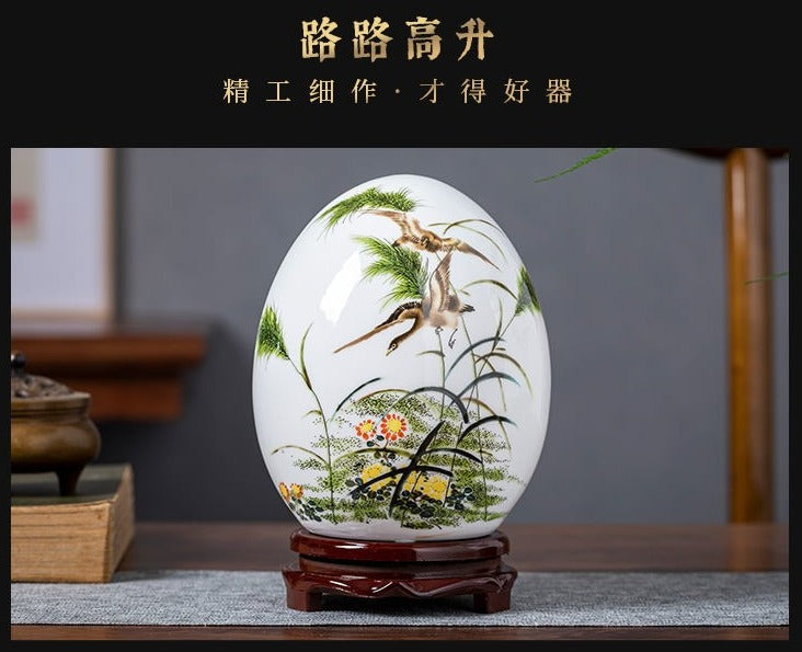 Jingdezhen ceramic egg with yellow and blue designs